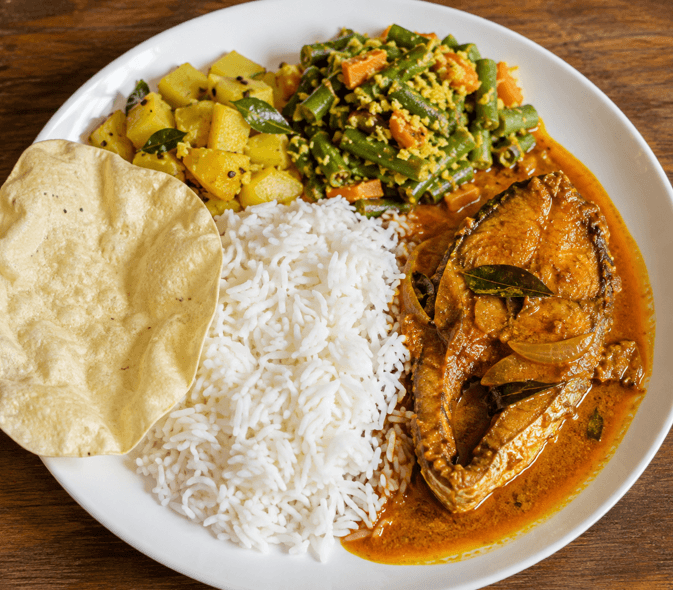 Rice and Fish Curry with 2 Vegetable and Pappadam